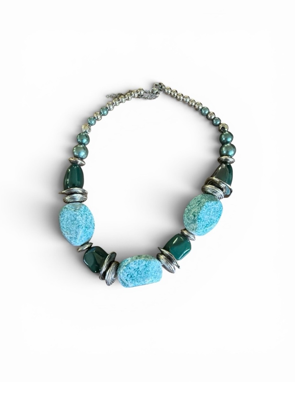 Chunky Faux Turquoise & Emerald Statement Necklace With Earrings NWOT